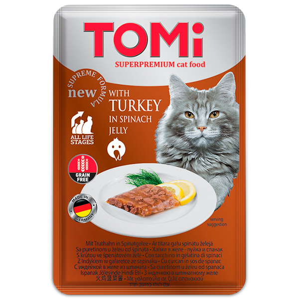 TOMi Turkey In Spinach Jelly ТОМІ ІНДИЧКА В ШПИНАТНОМУ ЖЕЛЕ консерви для котів, вологий корм, пауч 100г