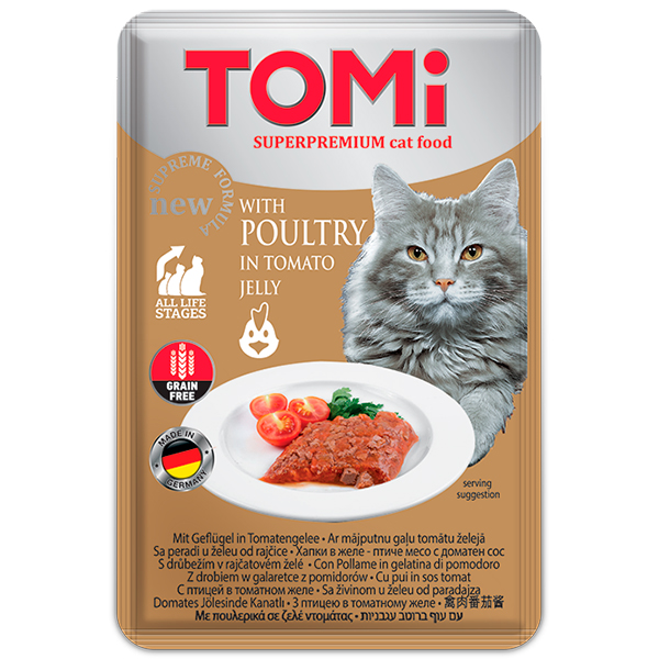 TOMi Poultry In Tomato Jelly ТОМІ ПТИЦЯ В ТОМАТНОМУ ЖЕЛЕ консерви для котів, вологий корм, пауч 100г