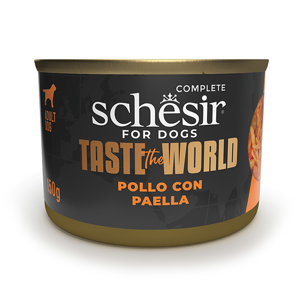 Schesir Taste the World Chicken With Paella ШЕЗІР КУРКА З ПАЕЛЬЄЮ в бульйоні натуральні консерви для собак, вологий корм, банка 150г